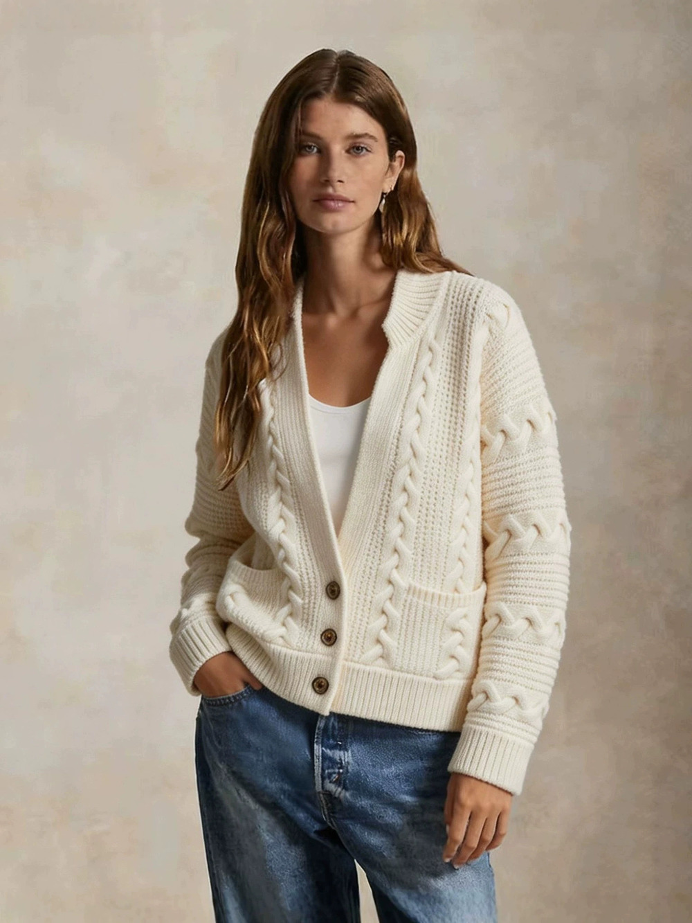 Zara Fall Winter Casual Single Breasted White Collar Cable Knit Cardigan Sweater